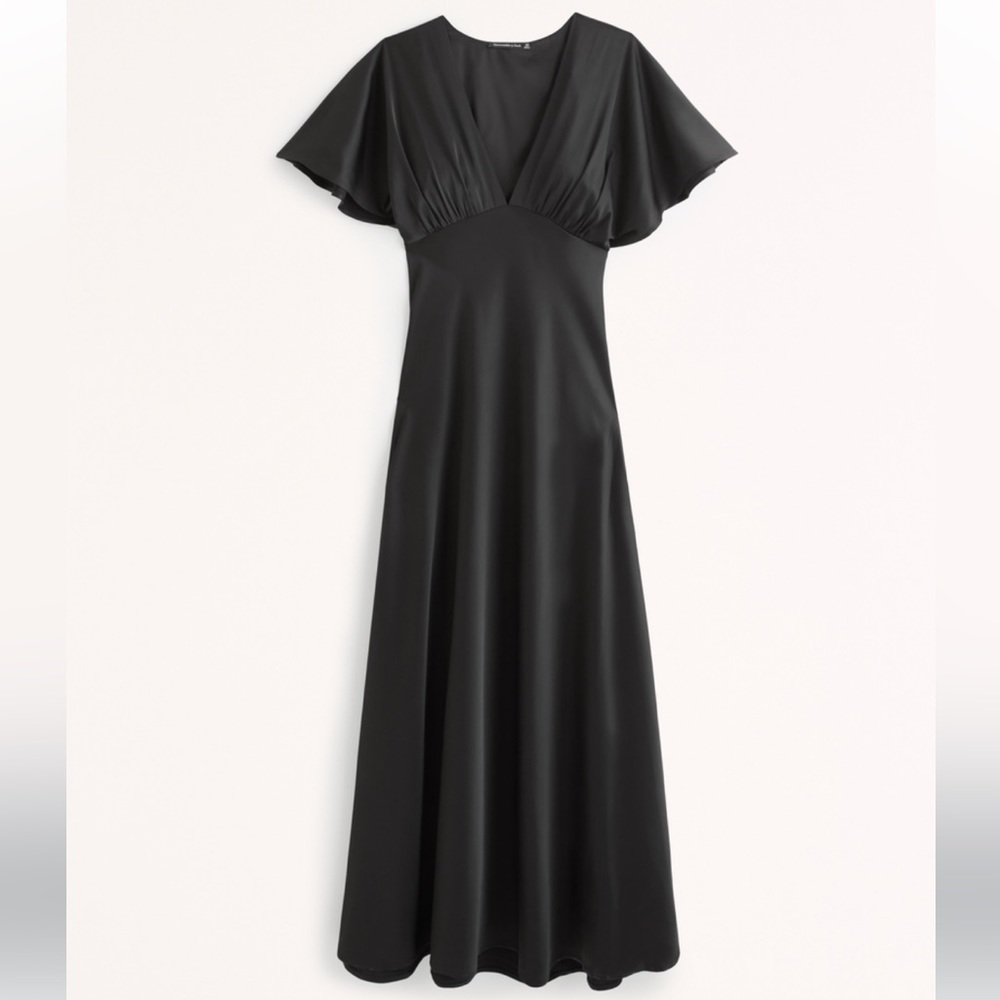 Abercrombie Black Flutter Sleeve Satin Maxi Dress XSP